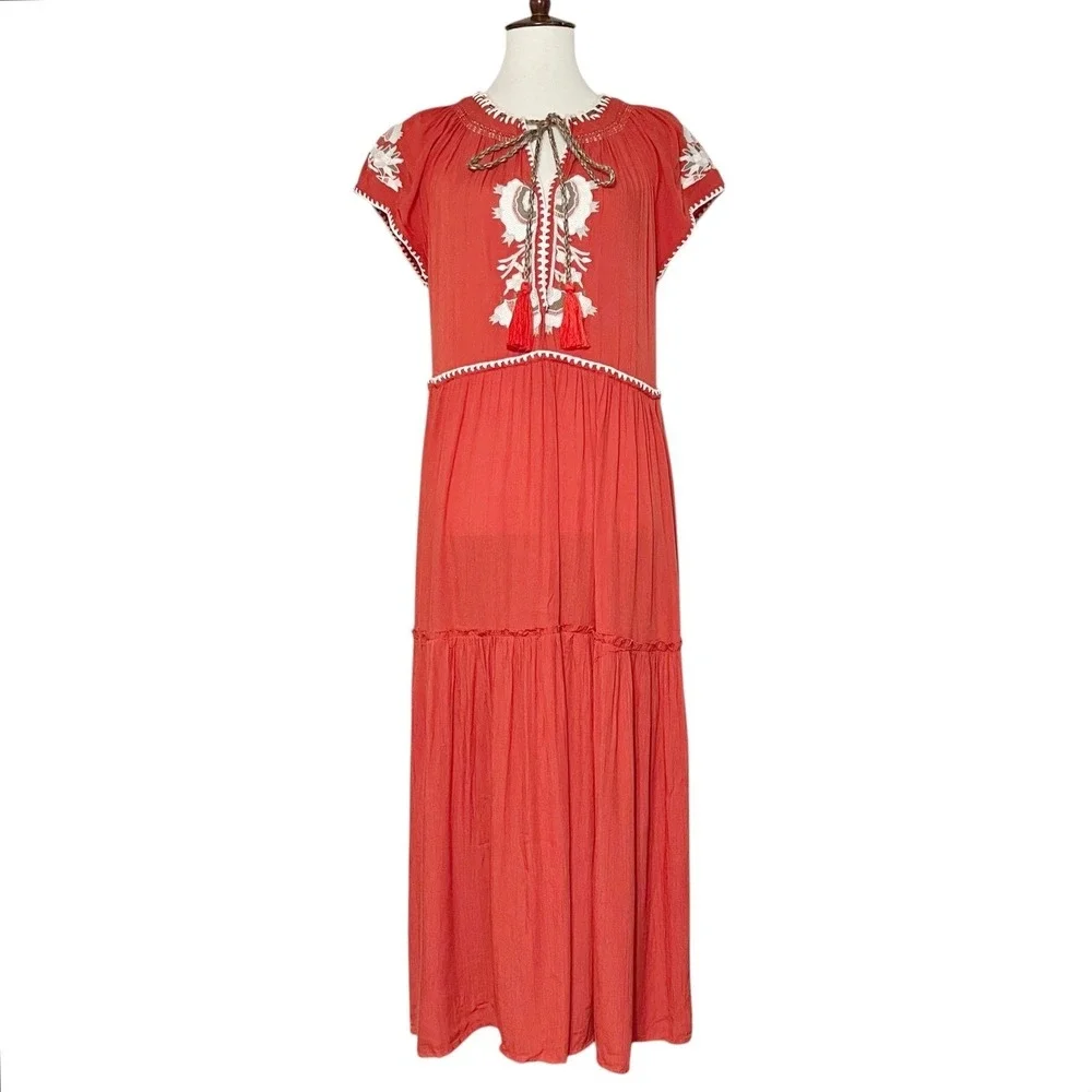 Free People Daisy Fields Maxi Dress Embroidered Tassel Tie Bohemian Boho XS - Picture 3 of 12